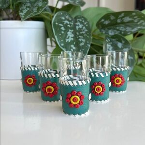 Vintage Leather Wrapped Shot Glasses Set of 6
